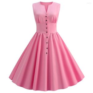 Sıradan elbiseler kadınlar yaz vintage elbise çiçek baskısı v yaka kolsuz pin up vestidos düğmesi akşam partisi rockabilly retro