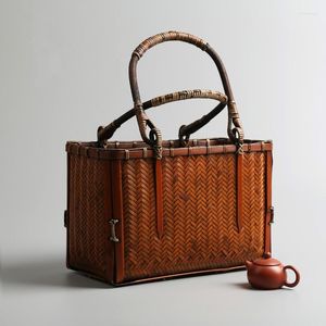 Evening Bags Japanese Woven Women Bamboo Handbag With Wooden Handle Box Shape Female Retro Beach Straw Tote Clutch Wicker Hand Bag Bali