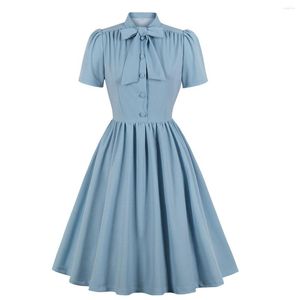 Casual Dresses Vintage Style Solid Color Midi Pleated Dress Bow Tie Neck Button Up Elegant Women Summer Pinup 60s 50s Rockabilly 2023