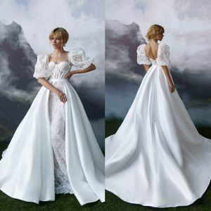 Abiti da sposa a sirena in pizzo Moda con scollo a cuore New Applique maniche a sbuffo in raso treno staccabile Abiti da sposa Robe De Mariage Vestido