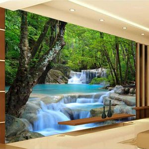 Bakgrundsbilder Anpassade PO Bakgrund 3D Waterfall Forest River Wall Decorative Mural Painting For Living Room Bedroom Covering1