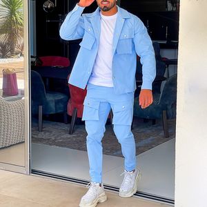 Herrspårar Sky Blue Workwear Jacket Trouser Set Casual Simple Fashion Trend Hiphop Overalls Youth Sports Suit 230222