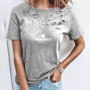 Women's T Shirts 40#Women T-Shirts Hole Casual Ripped Short Sleeve Round Neck T-Shirt Summer Solid Color Vintage Elegant Pullover Top