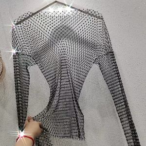 Women's Blouses Shirts Mesh Long Sleeve Sheer Glitter Encrusted Diamond Vest Shawl Nightclub Party Top 230223