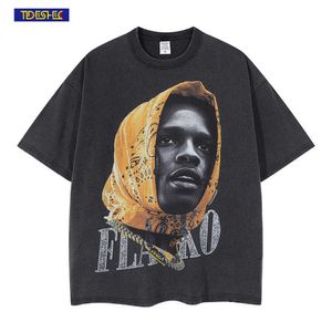 T-shirt da uomo TIDESHEC 2022 T-shirt da uomo estiva Streetwear Vintage Washed Rapper Portrait Print T-shirt Cotton Oversize Graphics Tee Top 022223H