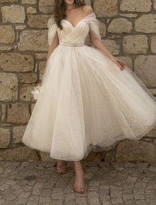 A-Linie, weiß, kurzes Abschlussball-Partykleid, Tee-Länge, kurze Ärmel, schulterfrei, mit Pailletten besetzt, formelle Kleider, Abschluss-Cocktail-Kleidung, Vestidos De Feast