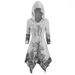 Casual Dresses Plus Size Gothic Tree Print Knitted Hoodie Dress Women Long Tunic Autumn Winter Halloween Lace Up Hooded 5XL