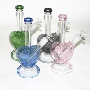 Färgade vattenpipa glas bong vatten rör dab olje rigg vattenpipa vax rosa hjärtform bäger bongs ask catcher hand pipes olje bräna rigg