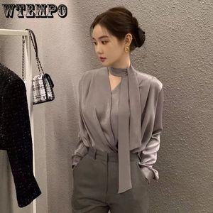 Women's Blouses Shirts Acetate Satin Blouse Women's Anti-wrinkle Elegant Lace Up Shirt Spring/Summer Streamer Tie French High-end V-neck Fashion Tops 230223