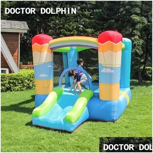 Uppblåsbara studsare Playhouse Swings Bouncers Dr. Dolphin New Childrens Air Balloon Theme Bounce House med Slide inomhus och Outdoo DHSQC