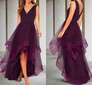 Purple High Low Prom Party Dresses Elegant ￤rml￶s V Neck ￶ppen rygg Ruffles tyll prom formella kl￤nningar examen slitage vestidos de fest