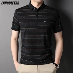 Polos Polos Top Grade Designer Polo Striped Shirt Men krótkie rękawy proste swobodne topy Koreańskie mody męskie odzież 230223