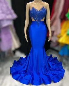 Aso 2023 Arabic Ebi Royal Blue Prom Dresses Lace Beaded Satin Evening Formal Party Second Reception Birthday Engagement Bridesmaid Gowns Dress ZJ776