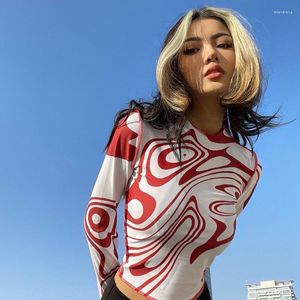 Women's T Shirts 2023 Women Fashion Tie Dye Printed Long Sleeve T-shirts Autumn Bodycon O-neck Crop Top Winter Casual Streetwear Sexy Tees