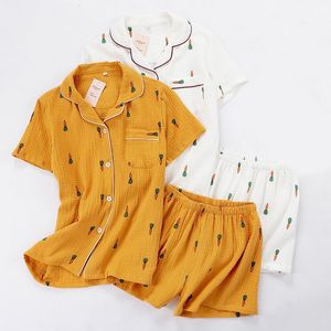 Kvinnors sömnkläder Kvinnor Pyjamas Set Summer Comfort Gaze Cotton Turn-Down Collar Sleepwear Set Ladies Thin Loose Cartoon Marrot Tryckt Homewear 230223