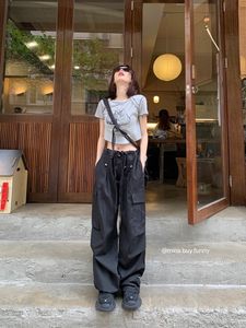 Women's Pants s HOUZHOU Y2K Drawstring Black Cargo Parachute Women Harajuku Streetwear Oversize Wide Leg Straight Trousers Female Pockets 230222