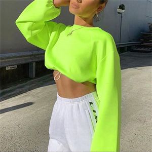 Women's Blouses Shirts Autumn Neon Green Sweatshirts Long Sleeve Oneck Crop Top Lady Solid Streetwear Loose Bottom Drawstring Pullovers 2023 230223