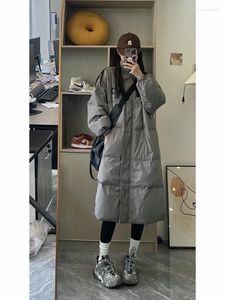 Casacos de trincheira feminina Winter cinza long Down Jacket Mulheres coreanas espessadas quentes casaco de bolhas grandes de tamanho largo de moda de roupas solteiras 2023 Parkas