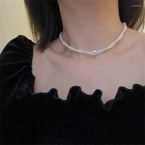 Hänge halsband koreanska eleganta dubbla lager imitation pärlpärla halsband för kvinnor zirkon charm bröllop fest smycken collier femme e114