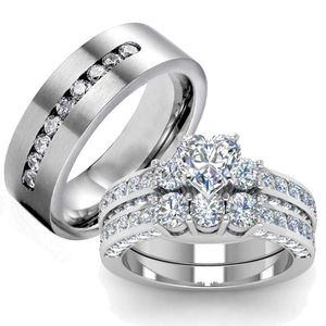 Bandringe Mode Paar Ringe Frauen Herz Weiß Kristall Strass Ringe Set Herren CZ Edelstahl Ring Hochzeit Verlobung Band Ring G230213