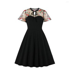 Casual Dresses Retro Vintage Brodery Floral Women Short Party Dress Black Mesh Sleeve A Line Swing 60s Rockabilly Summer