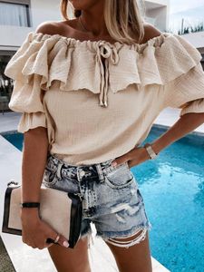 Women's Blouses 2023 Fashion Sexy Off Shoulder Ruffles Women Blouse Shirts Summer Elegant Solid Color Lace-Up Tops Ladies Casual Loose Party