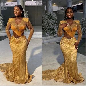 Shiny Gold Mermaid Prom Dresses Sheer O Neck Lace Sequins Long Sleeve Evening Dress Pleated Gowns