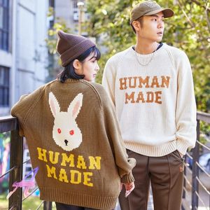 Camisetas masculinas humanas feitas de coelho Jacquard Sweater Loose Crewneck Crewneck Vintage Mulheres de malha de tamanho grande 230223