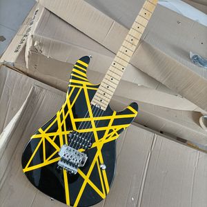 6 Strings Black Electric Guitar with Yellow Stripe Floyd Rose Maple Fretboard Customizable