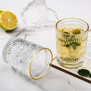 Wine Glasses Nordic Style Retro Sun Flower Embossed Gold Edge Glass Cup Fashion Office Home Water Beverage Juice Trend Beer