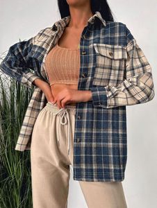 Women's Jackets ZAFUL Cargo Pockets Color Blocking Plaid Boyfriend Shirt Jacket Women Oversized Loose Shacket Spring Autumn Fashion Tops