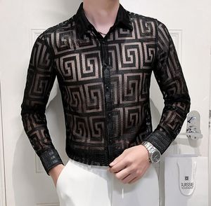 Novo camisa de renda transparente sexy masculino de camisa oca de camisa hollow simples, todos combinam Slim Fit manga longa clube/baile geométrico Polos de padrões