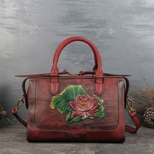 Evening Bags Vintage Women Handbag Luxury Genuine Leather Tote Handmade Flower Embossed Shoulder Bag China Style Female Crossbody