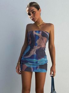 Fritidsklänningar Tie Dye Print Dam Tube Miniklänning Bodycon Sexig Streetwear Party Elegant Club 2023 Summer Festival Kläder Y2K
