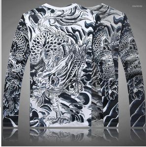 メンズTシャツ高品質のタトゥー風力中国の寸法寸法印刷綿の長袖シャツメンズスリムフィットドラゴ​​ンパターン