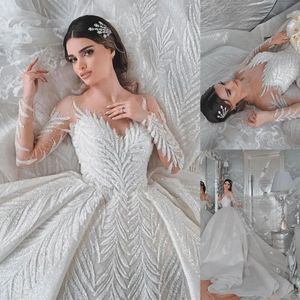 Tailored Ball Gown Wedding Dress Sheer Neck White Ivory Sexy Long Sleeve Sequins Bridal Gowns Vestido De Noiva