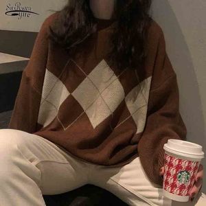 Kadın Sweaters Kadın Örgü Sweater Moda Büyük Boyutlu Kepekli Bayanlar Kış Gevşek Kazak Kore Kolej Tarzı Kadın Jumper Plaid Sweater 16691 230223