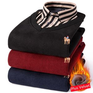 Men's TShirts 4XL 5XL Fashion Fleece Fake Twopiece Pullover Autumn and Winter Plus Velvet Thick Sweater Male Brand Knitwear 230223