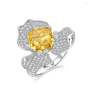 Cluster Rings Allnoel 925 Sterling Silver Shiny Yellow Blue 7 7mm High Carbon Diamond Lab Created Luxury Flower for Women Gift Jewelry