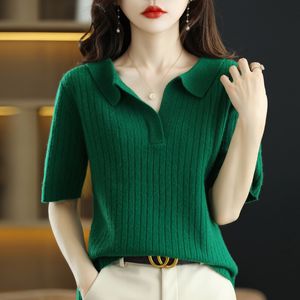 Kadınlar bluz gömlekleri 100 merino yün kısa kollu örgü polo gömlek düz renk rahat kazak yeşil gevşek tshirt kadınlar için 230223