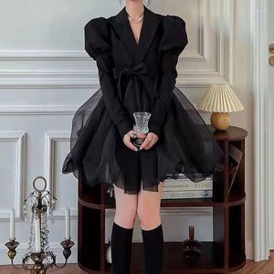Sukienki swobodne marka mody Eveing ​​dla kobiet wiosna jesienna szwanie z długim rękawem łuk czarny organza vestidos h973