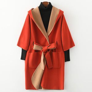 Jaqueta feminina jaqueta pano de outono lã midi comprimento de lã Casacos com capuz de encapela dupla lidada selvagem elegante feminina coreana de roupa 230223