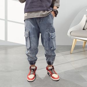 Jeans Hip Hop Boys Side Pockets Jeans Cargo Harem Pants Kids Jeans Casual Blue Denim Elastic Waist Jeans Loose Pants Boy Trousers 230223