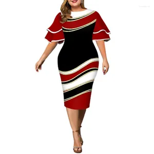 Casual klänningar plus storlek för kvinnor 2023 Geometriskt tryckskiktklockhylsa Autumn Bodycon Dress Round Neck Slim Midi 5XL Wedding