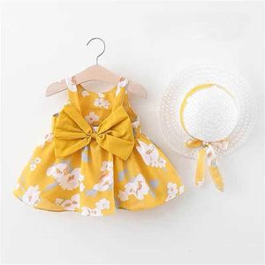 女の子のドレス夏の新生児の女の花の花ドレスキッズプリンセスかわいいプリント綿の袖のないビーチドレスサンハット服セットZ0223