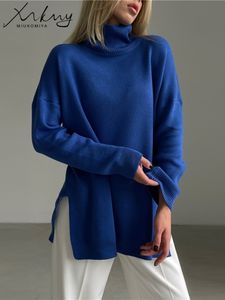 Women's Sweaters Autumn Winter Women's Sweaters Turtleneck Women Pulovers Side Split Knitted Jumpers Christmas Sweater Oversize Pull For Women 230223