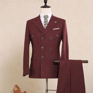 Men's Suits Double Breasted Male Three Pieces Set Stripe Suit Groom Costume Homme Mariage Formal Business Casual Party Slim Dress