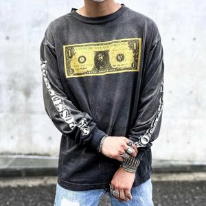 Tasarımcı Moda Hoodie Saint Michael High Street Style 22AW Ortak Markalı ABD Doları Baskı Yıkama Yuvarlak Yaka Uzun Kollu T-shirt Gevşek