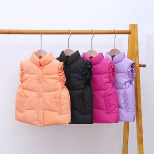 Waistcoat mode värme baby flickor puffer väst ruffle ärm lätt vikt barn vit anka ner barn ytterkläder 2-10 år 230222