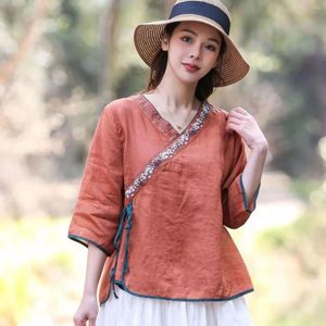 Ethnic Clothing 2023 Chinese Women Elegant Blouse Cotton Linen Embroidery Style Comfortable Loose Top Oriental Hanfu